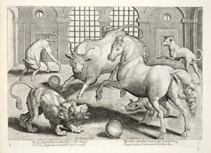 Hårda, blodiga strider mellan ett lejon, tjur och häst, omgiven av arga skällande hundar, illustration från 